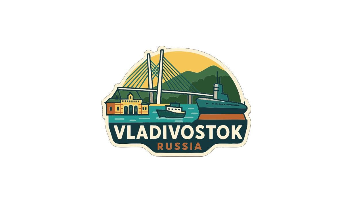 a sticker or emblem with a bridge, boats, and mountains in the background, along with the text "VLADIVOSTOK RUSSIA".