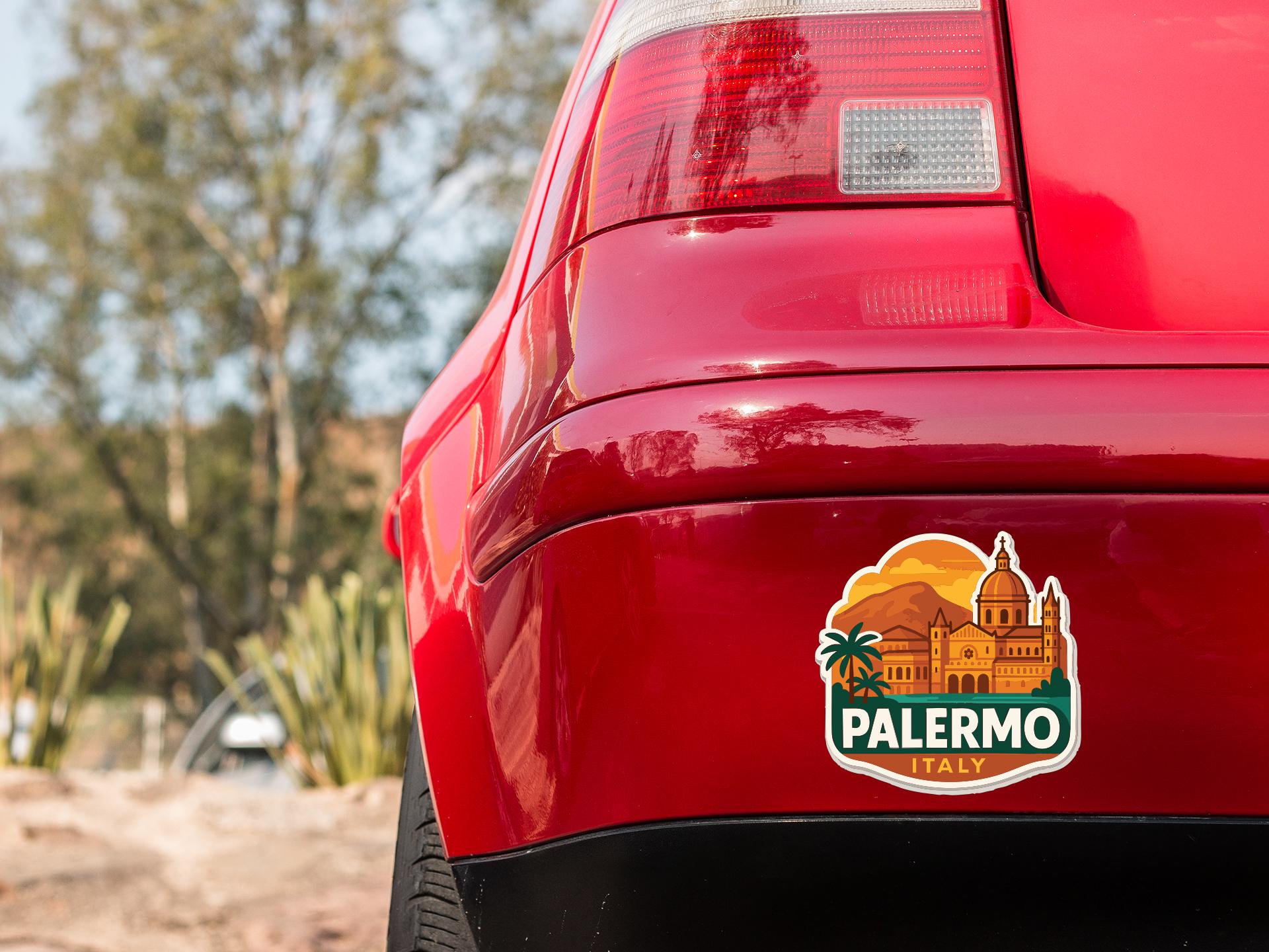 the rear end of a red car with a sticker on the trunk that says "Palermo Italy".