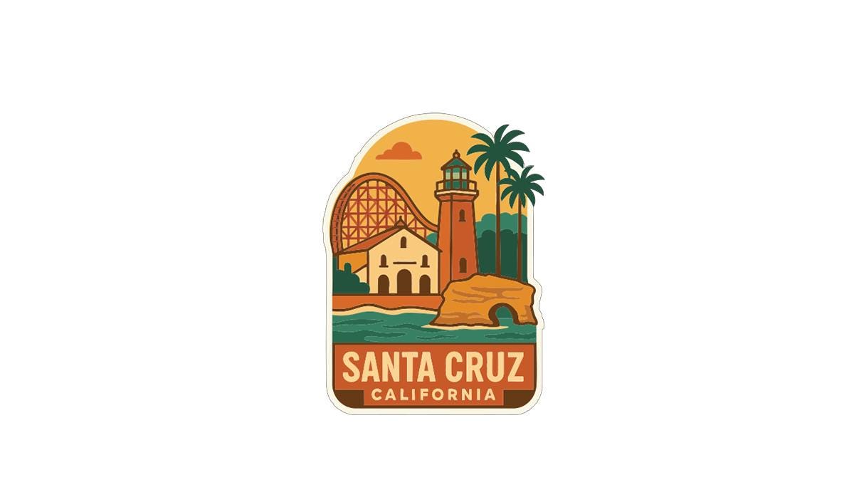 A sticker or emblem featuring a lighthouse, roller coaster, palm trees, and a rock formation, with the text "SANTA CRUZ CALIFORNIA" prominently displayed.