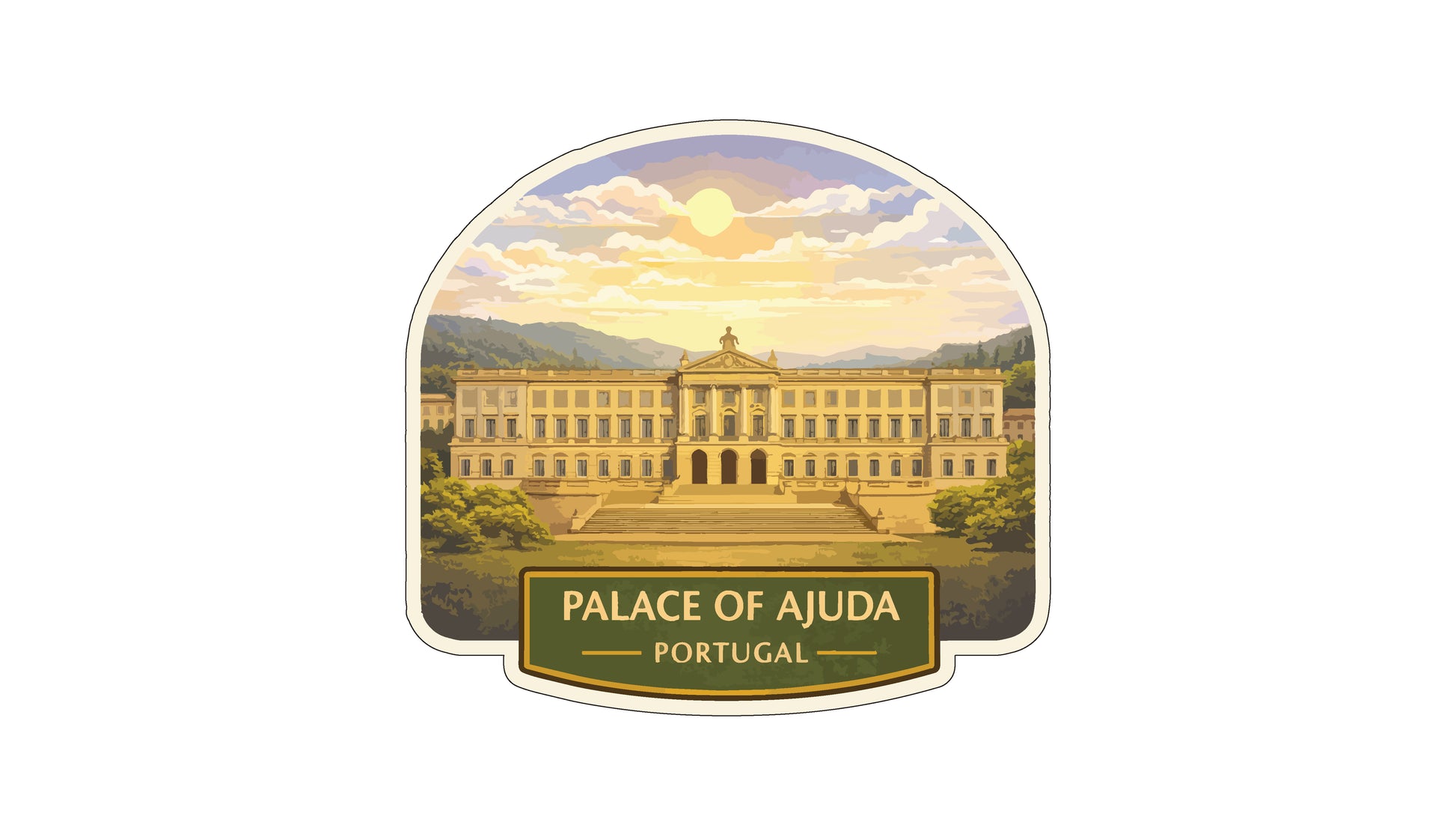a large, ornate palace with a grand, classical architectural style, set against a picturesque landscape with mountains and a bright, sun-filled sky.