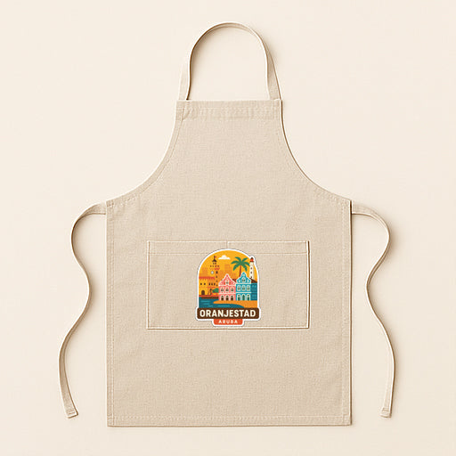 A beige apricot with a colorful graphic of a city skyline and the text "Dranjestad" printed on it.