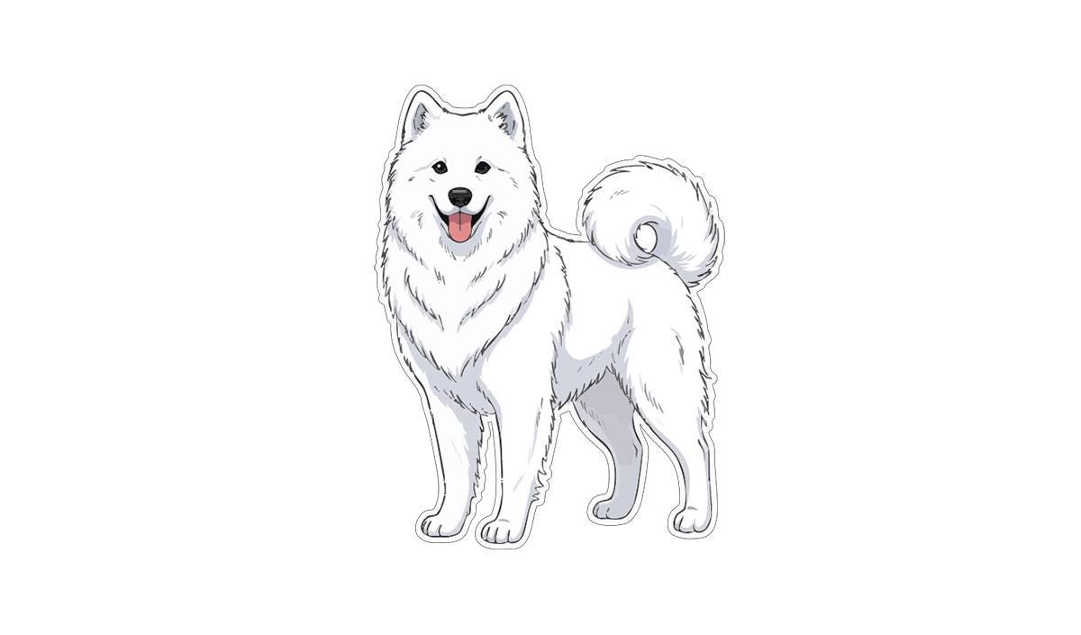 A white Samoyed dog with a happy expression is depicted in the image.