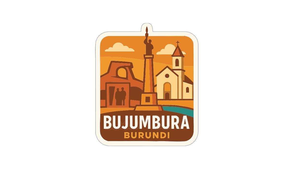 a sticker or emblem with a stylized illustration of a city skyline, including a church, a lighthouse, and a monument, along with the text "BUJUMBA BURUNDI".