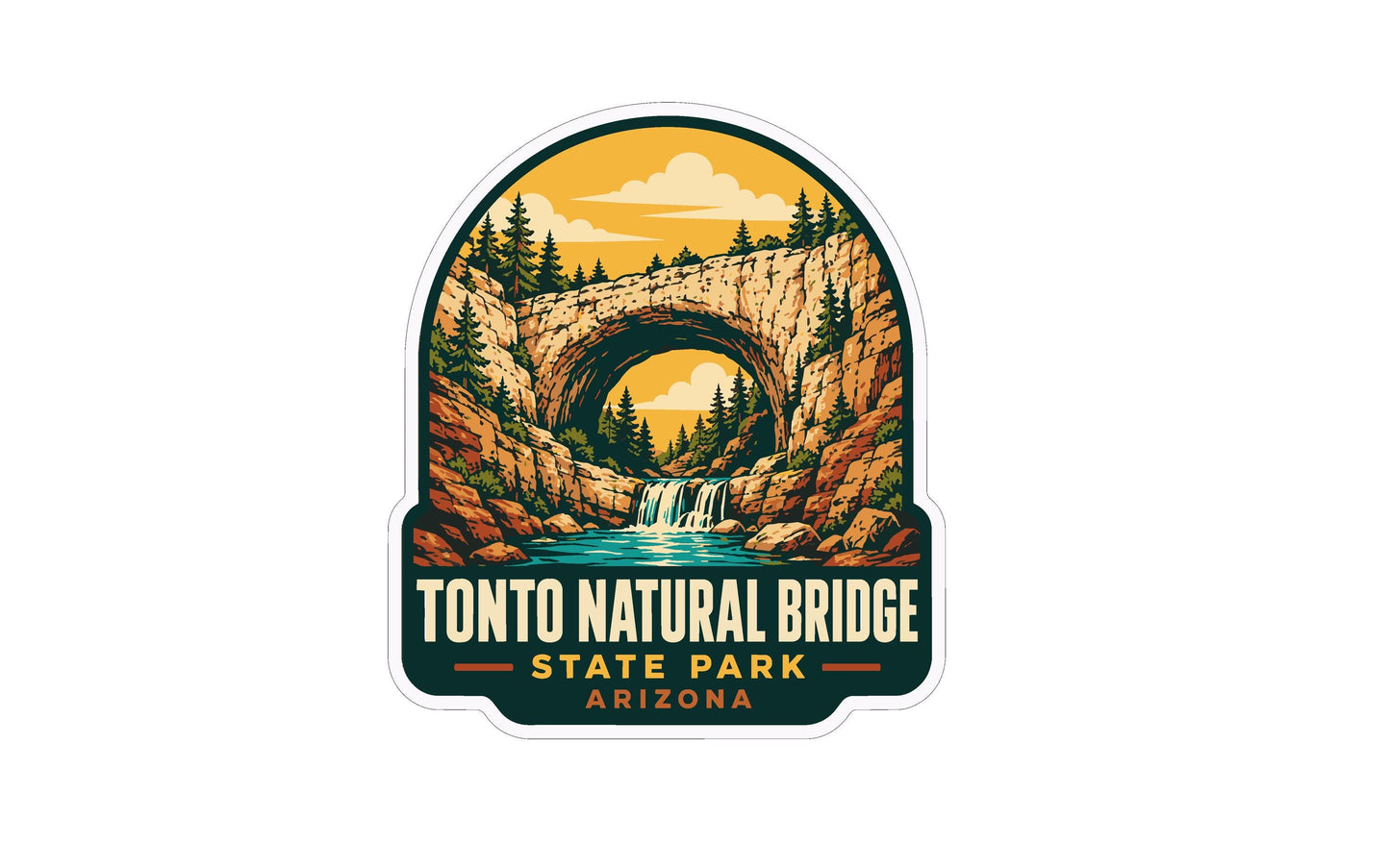 A sticker depicting the Tonto Natural Bridge in Arizona, with a waterfall and forest in the background.