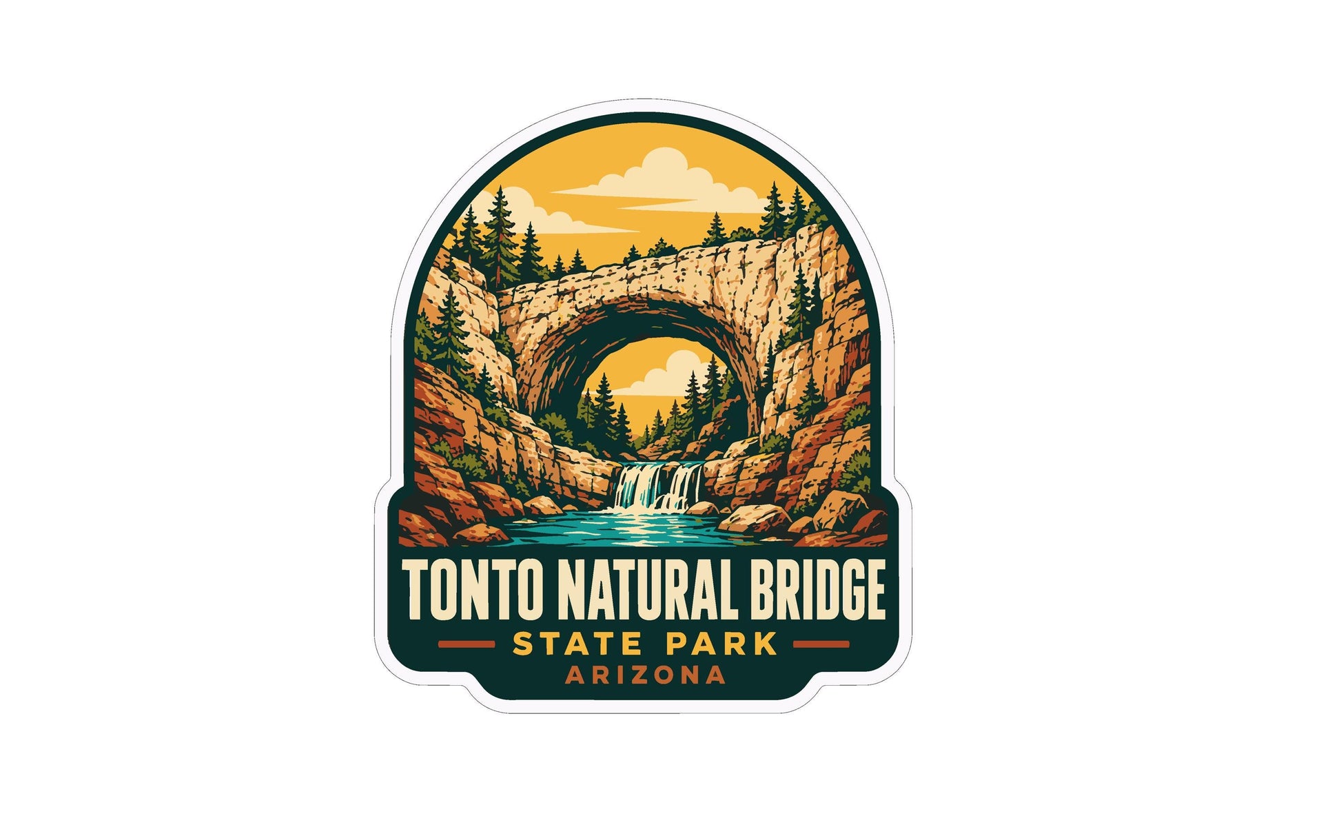 A sticker depicting the Tonto Natural Bridge in Arizona, with a waterfall and forest in the background.