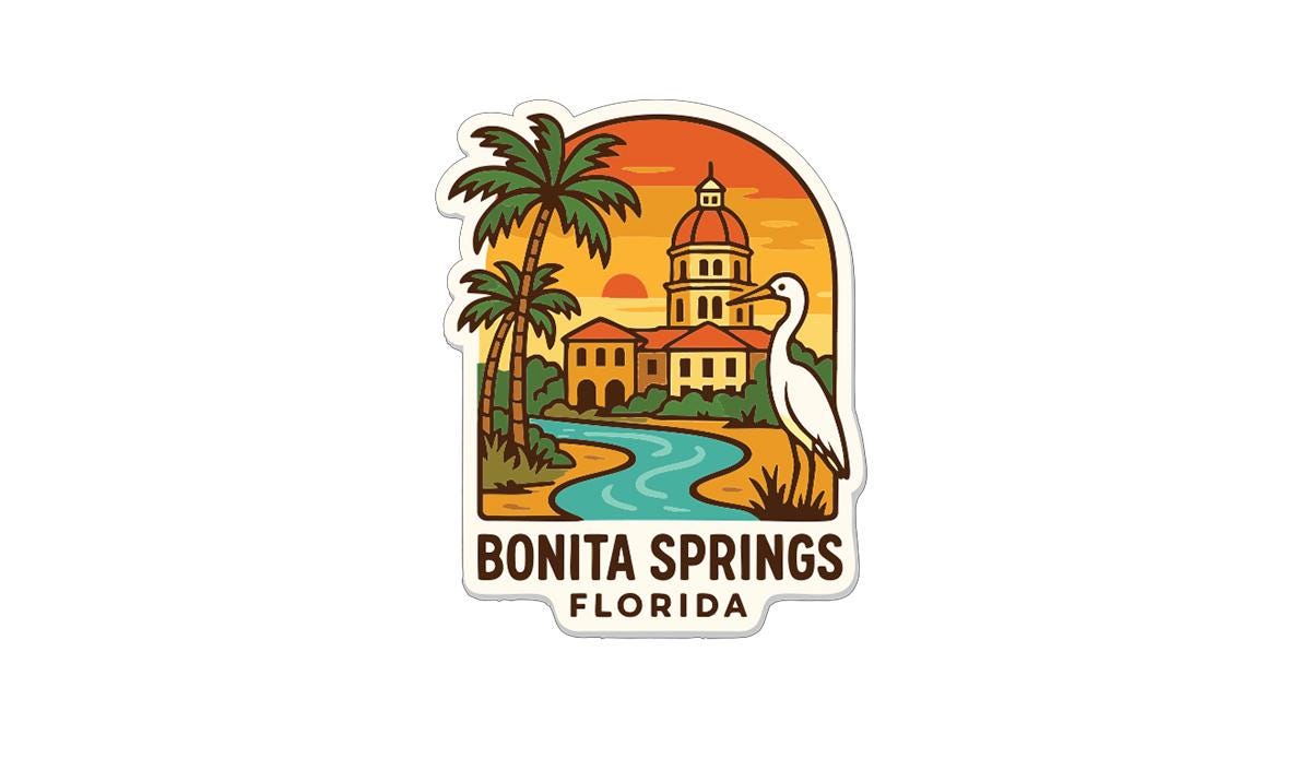 A sticker depicting the scenic beauty of Bonita Springs, Florida, with a bird, palm trees, and a sunset in the background.