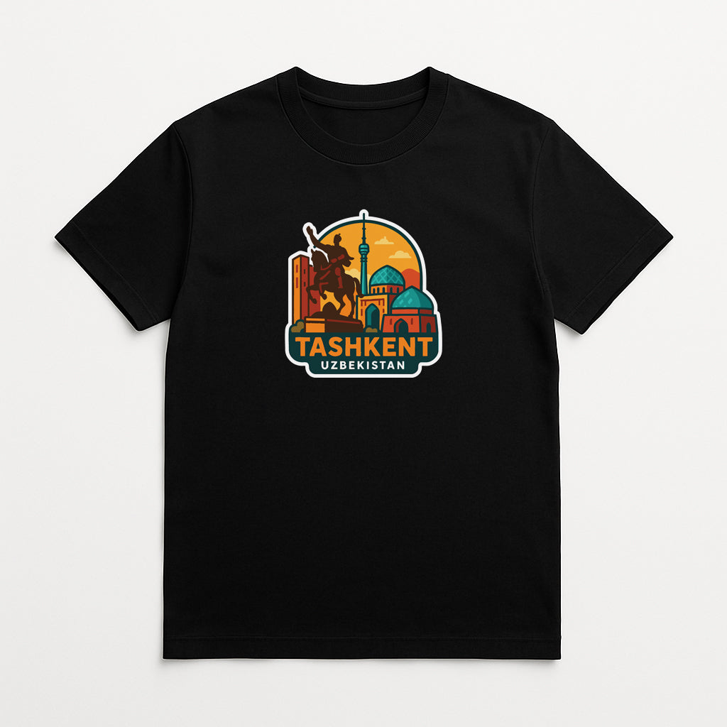 A black t-shirt with a graphic design depicting a city skyline and the text "TASHKENT UZBEKISTAN" printed on it.