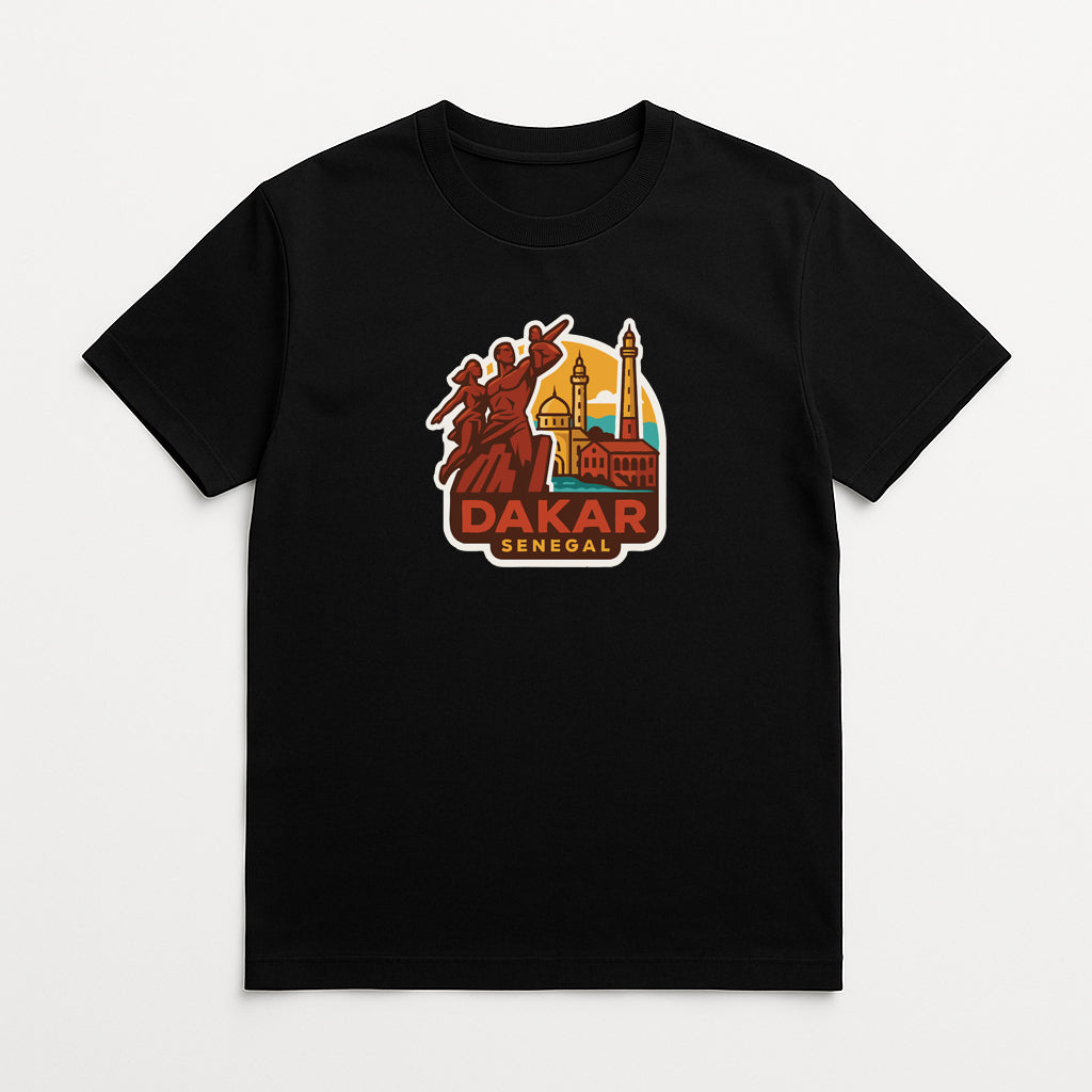 A black t-shirt with a graphic design featuring a city skyline and the text "DAKAR SENEGAL".