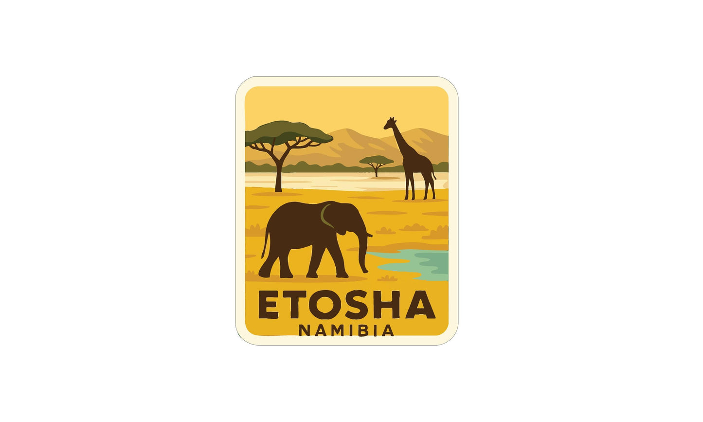 an elephant and a giraffe in a savanna landscape, with the text "ETOSHA NAMIBIA" prominently displayed.