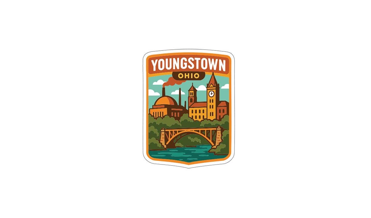 A sticker or emblem featuring the city of Youngstown, Ohio, with a bridge, clock tower, and other landmarks depicted in a stylized illustration.