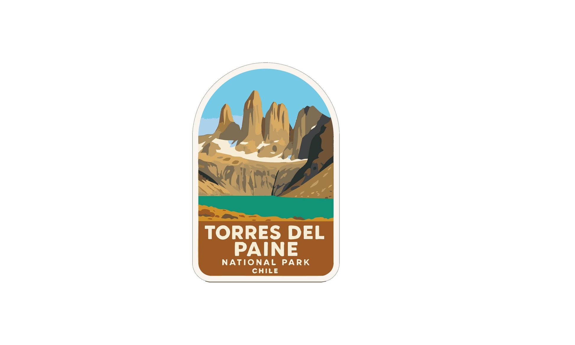 a sticker or label with a mountain landscape and a lake, representing the Torres del Paine National Park in Chile.