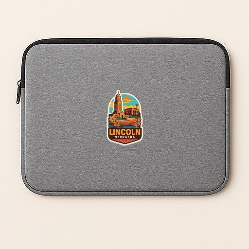 A gray laptop sleeve with a colorful graphic of a city skyline and the text "LINCOLN, WISCONSIN" printed on it.