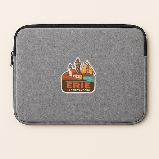 A gray laptop sleeve with a colorful sticker depicting a lighthouse and sailboat, representing the state of Pennsylvania.