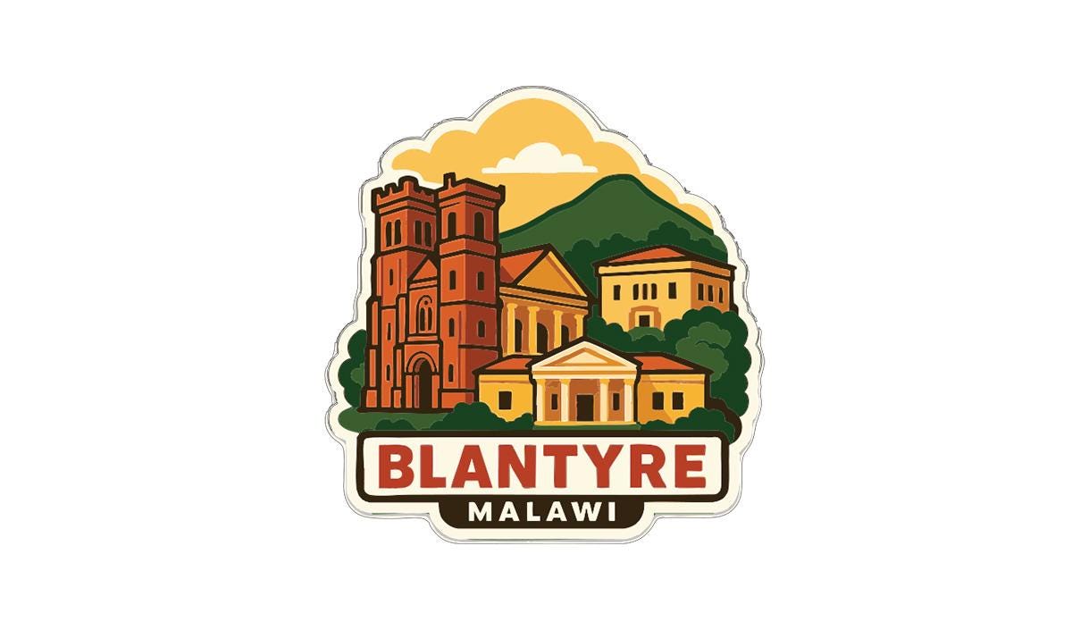 A sticker or emblem featuring the town of Blantyre, Malawi, with a castle, buildings, and a mountain in the background.