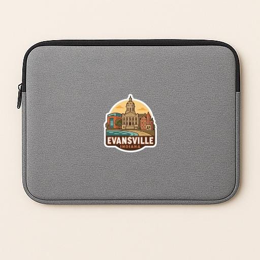 A gray laptop sleeve with a sticker of a city skyline and the text "EVANSVILLE, IN" printed on it.