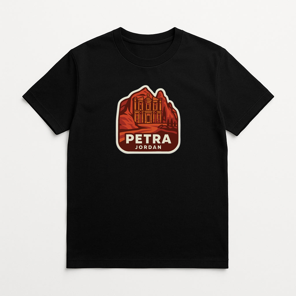 A black t-shirt with a graphic design depicting the Petra, a famous ancient archaeological site in Jordan.