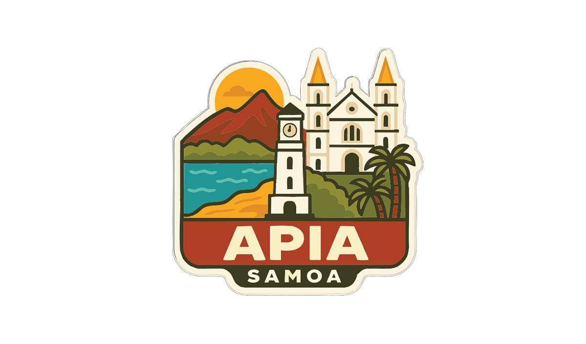 a sticker or emblem with a stylized representation of a landmark in APIA (Antilles) and the name of the country, SAMOA (Samoa), prominently displayed.