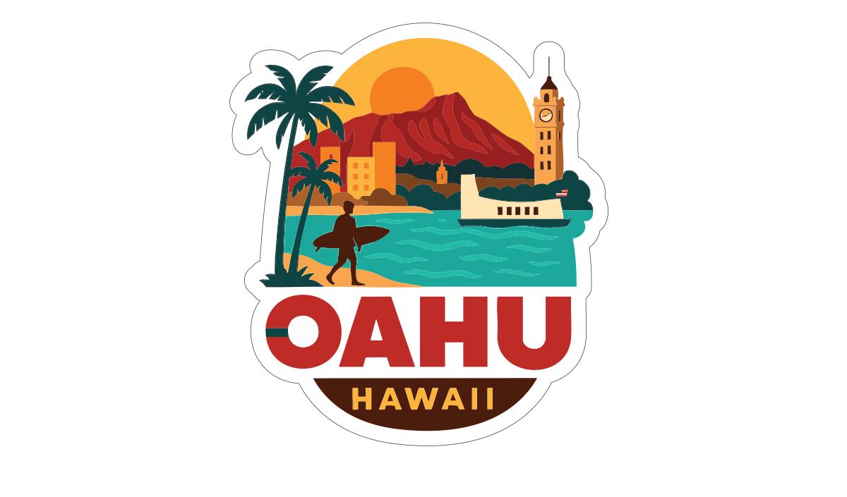 A sticker or emblem featuring a surfer, palm trees, a mountain, and a clock tower, with the text "Oahu, Hawaii" prominently displayed.