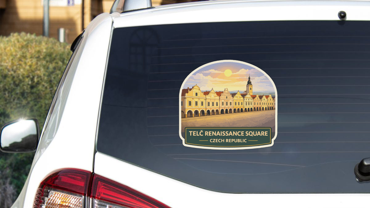 a sticker on the rear window of a car, depicting the Renaissance Square in Prague, Czech Republic.