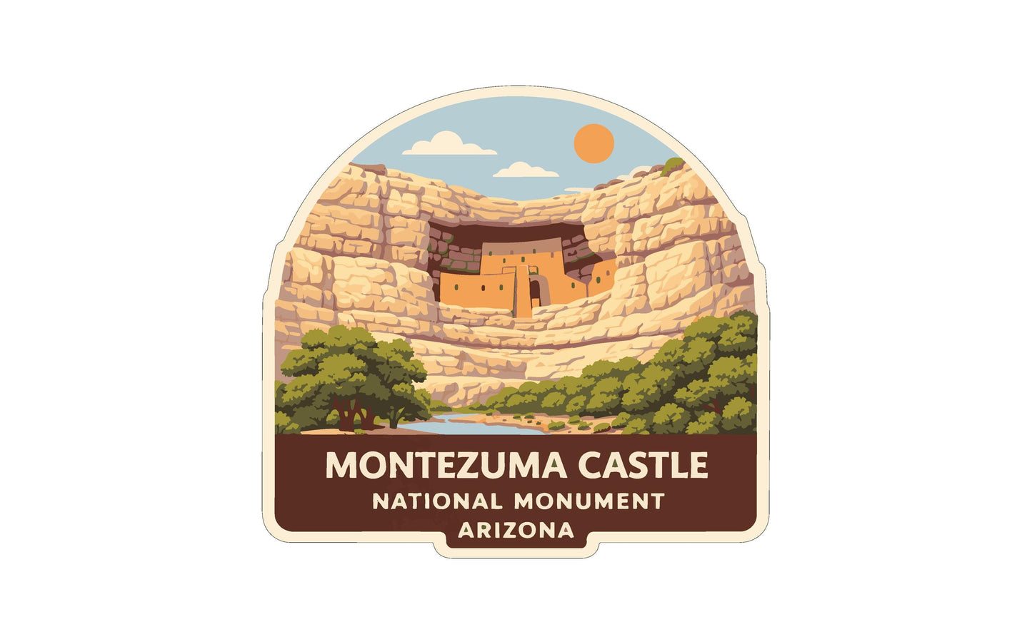 a sticker or label with a depiction of the historic site of Montezuma Castle, which is a national monument located in Arizona.