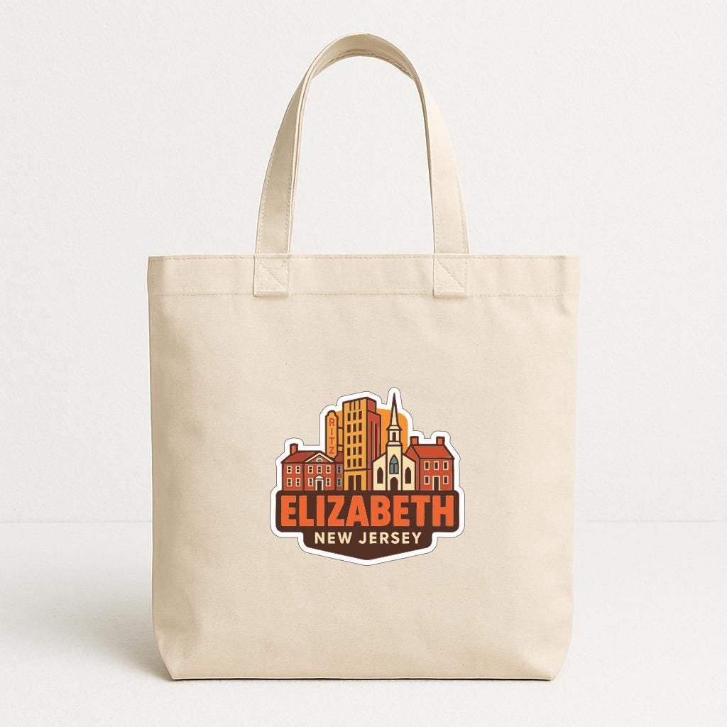 A beige tote bag with a printed logo that says "ELIZABETH NEW JERSEY".