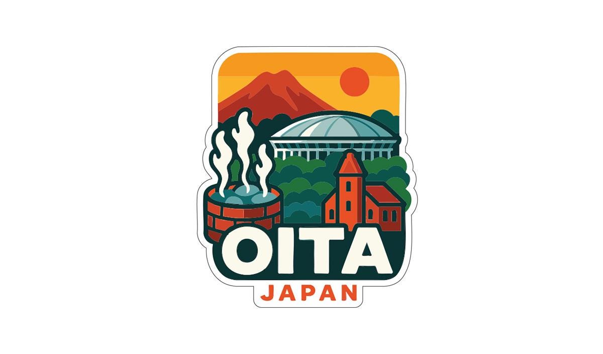 a sticker or logo with various elements representing Japan, including a mountain, a building, and steam rising from a structure.