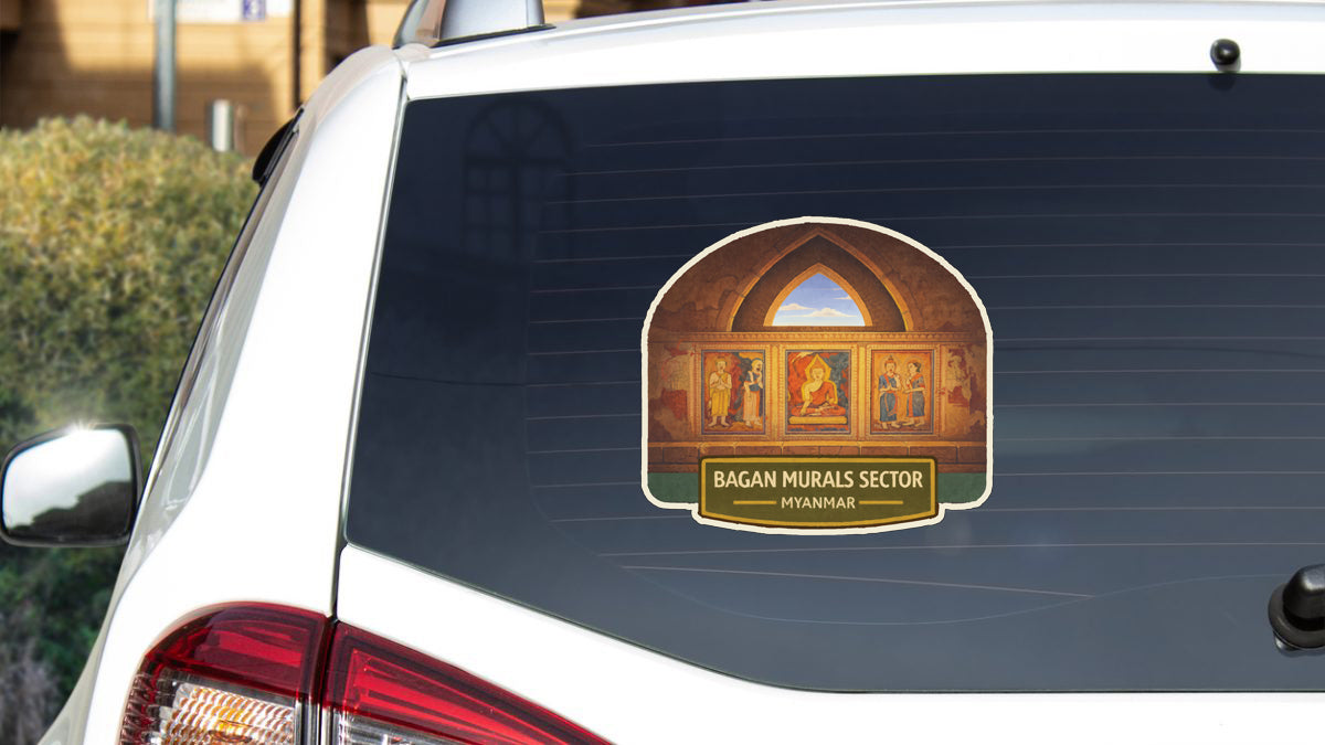 a sticker on the rear window of a white car, depicting a mural of the Bagan Mural sector in Myanmar.
