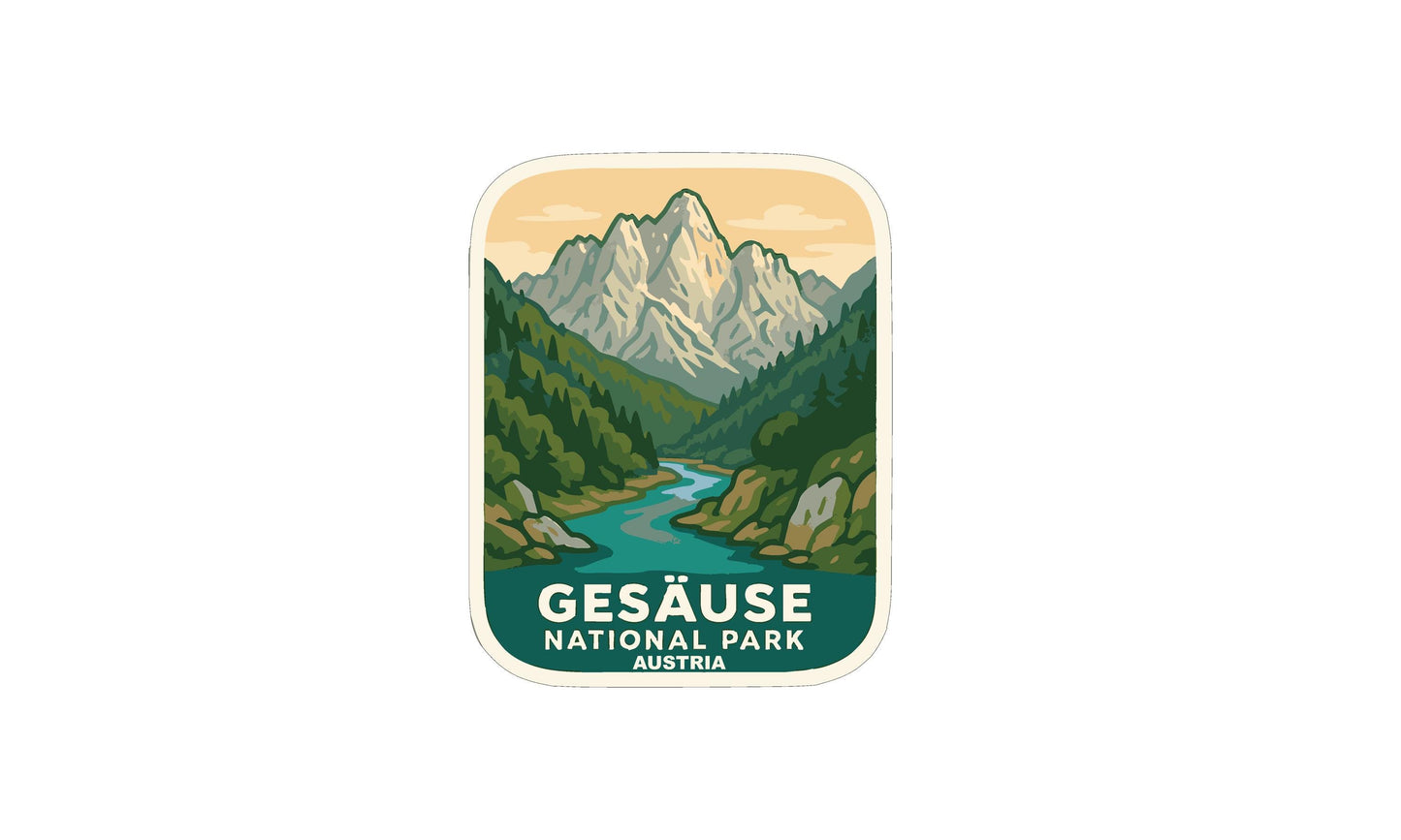 a sticker or emblem with a mountain landscape and a river, representing the Gesäuse National Park in Austria.