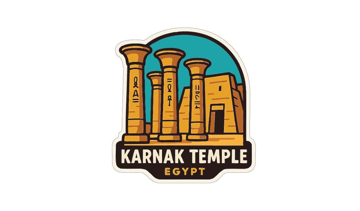 a stylized illustration of the Karnak Temple in Egypt, with the text "Karnak Temple" and "EGYPT" prominently displayed.