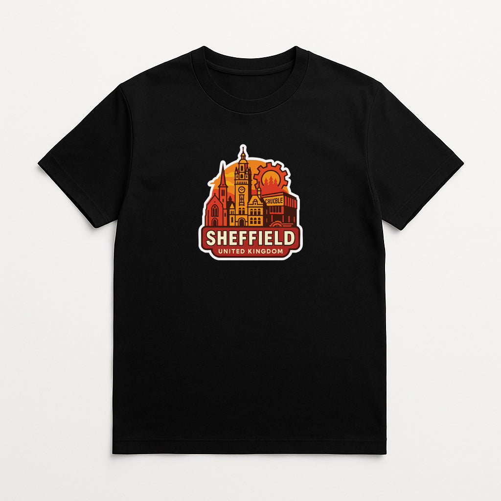 A black t-shirt with a graphic design depicting the skyline of Sheffield, United Kingdom.