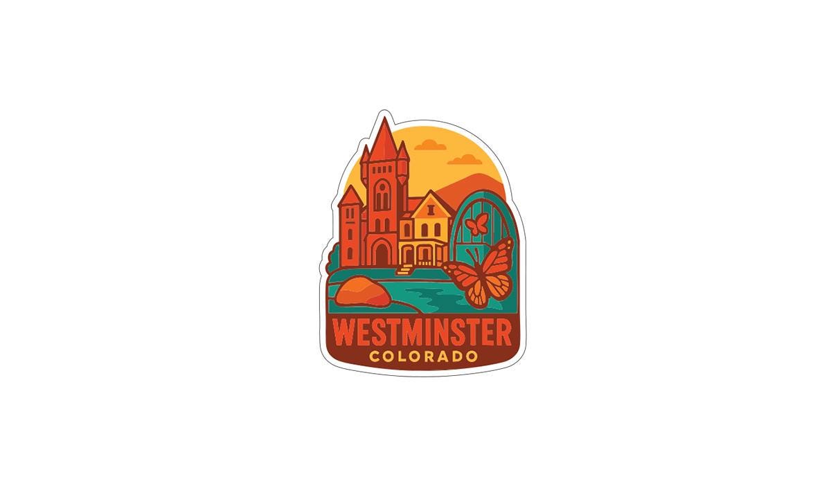 A sticker or logo depicting the city of Westminster, Colorado, with a castle, mountains, and a butterfly in the background.