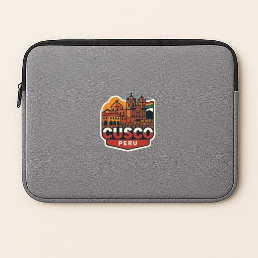 A gray laptop sleeve with a colorful graphic of a city skyline and the text "CUSCO PERU" printed on it.