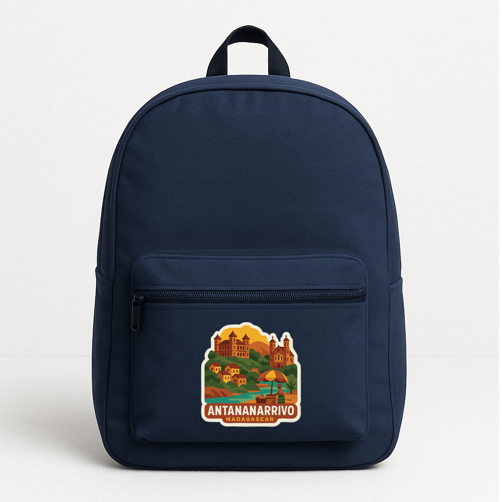A navy blue backpack with a sticker on the front that says "ANTANANARIVO".