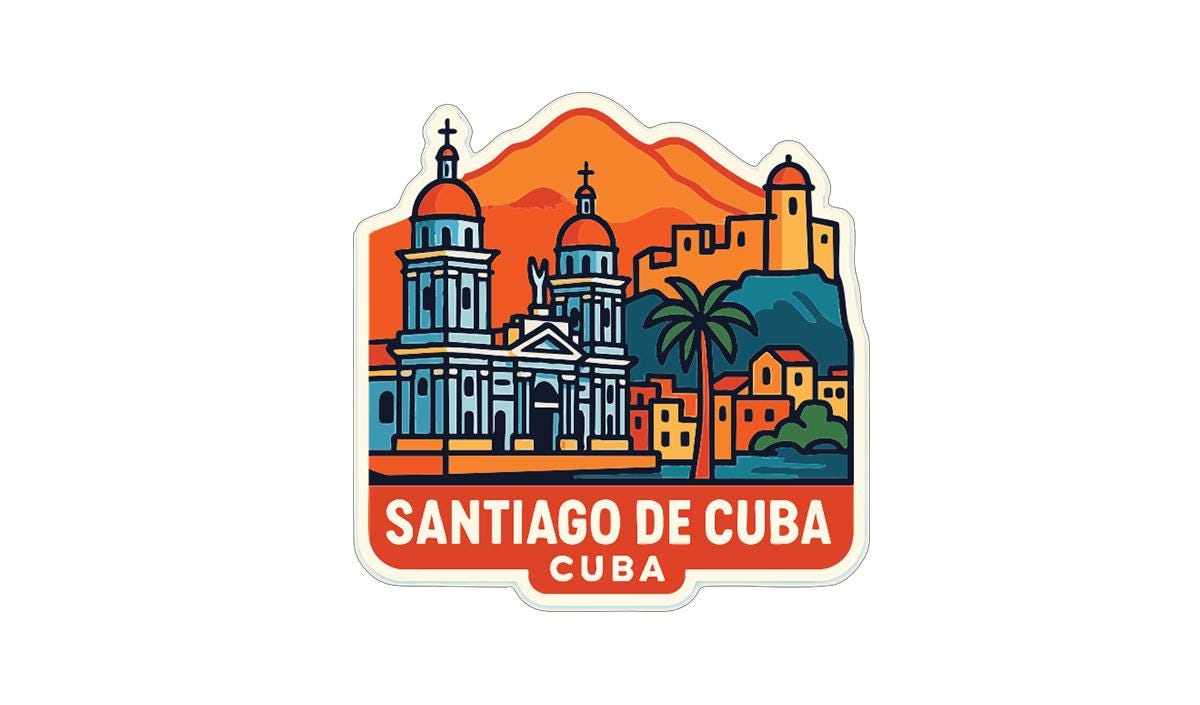 A sticker depicting the skyline of Santiago de Cuba, featuring the iconic cathedral, the city's distinctive architecture, and the surrounding landscape.