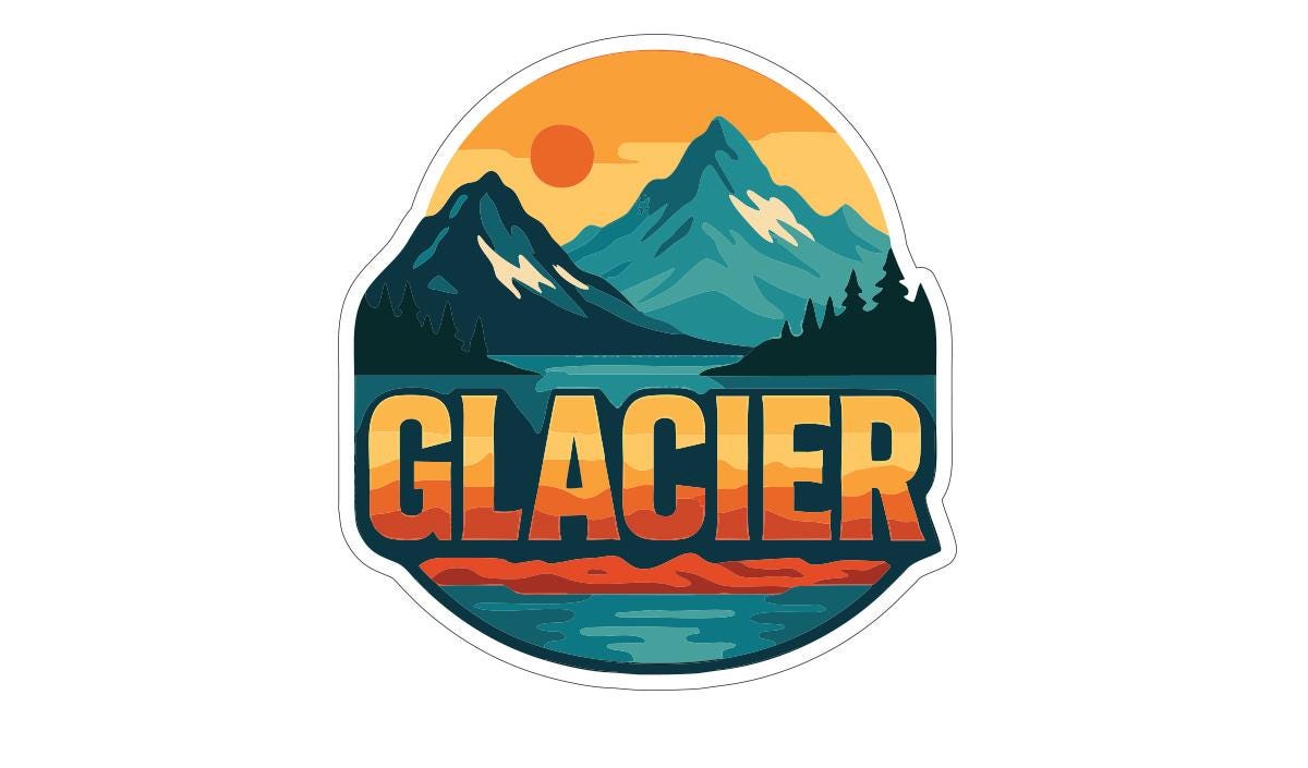 A sticker or logo featuring a mountain landscape with a lake and sunset, along with the word "GLACIER" prominently displayed.