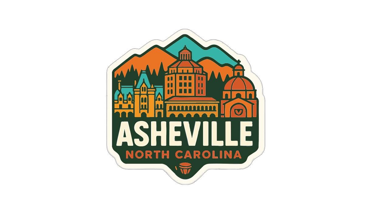 a sticker or logo with a stylized illustration of a city skyline, including buildings and mountains, along with the text "Ahead of the mountains, the city of Asheville, North Carolina".