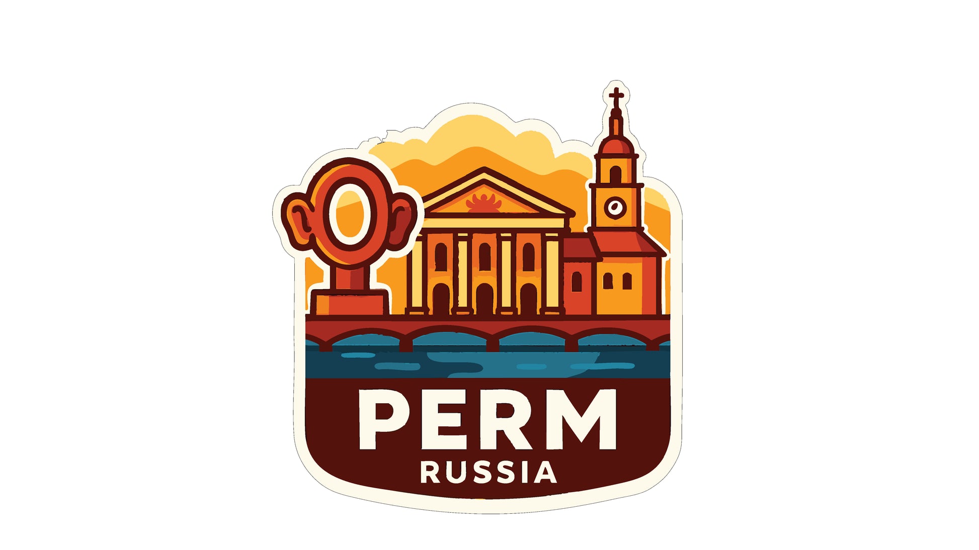 a sticker or emblem with a stylized illustration of a city skyline, including a church, a clock tower, and a bridge. The text "PERM RUSSIA" is prominently displayed, indicating the location or country of the image.