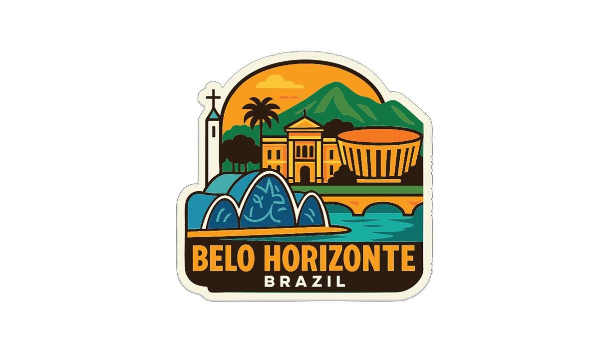 a sticker or emblem with a stylized illustration of Belo Horizonte, Brazil. The illustration includes a church, a bridge, and a mountain, all set against a colorful background. The text "BELO HORIZONTE BRAZIL" is prominently displayed, indicating the location of the landmark.