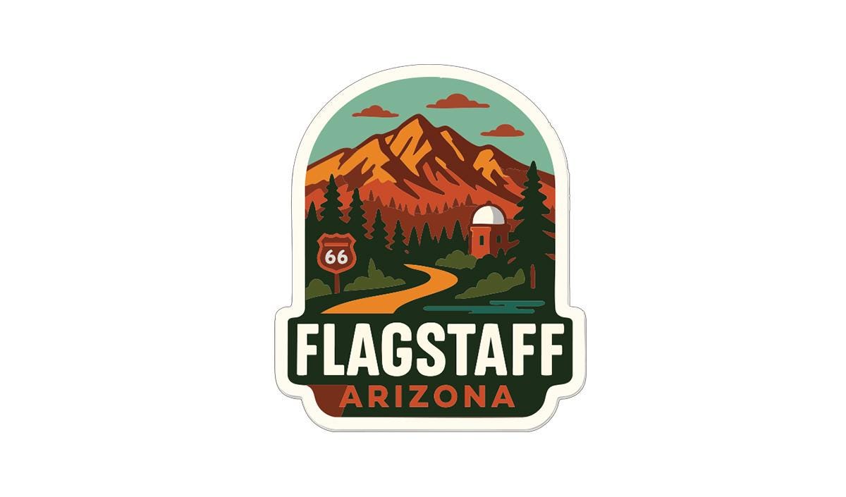 a sticker or logo with a mountain landscape and a road sign, representing Flagstaff, Arizona.