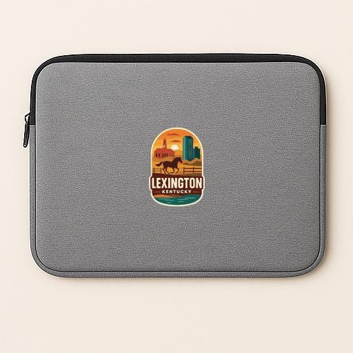 A gray laptop sleeve with a graphic design featuring a horse and the text "LEXINGTON, KENTUCKY" printed on it.