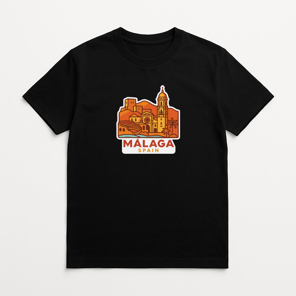 A black t-shirt with a graphic design depicting a cityscape and the text "MALAGA, SPAIN" printed on it.