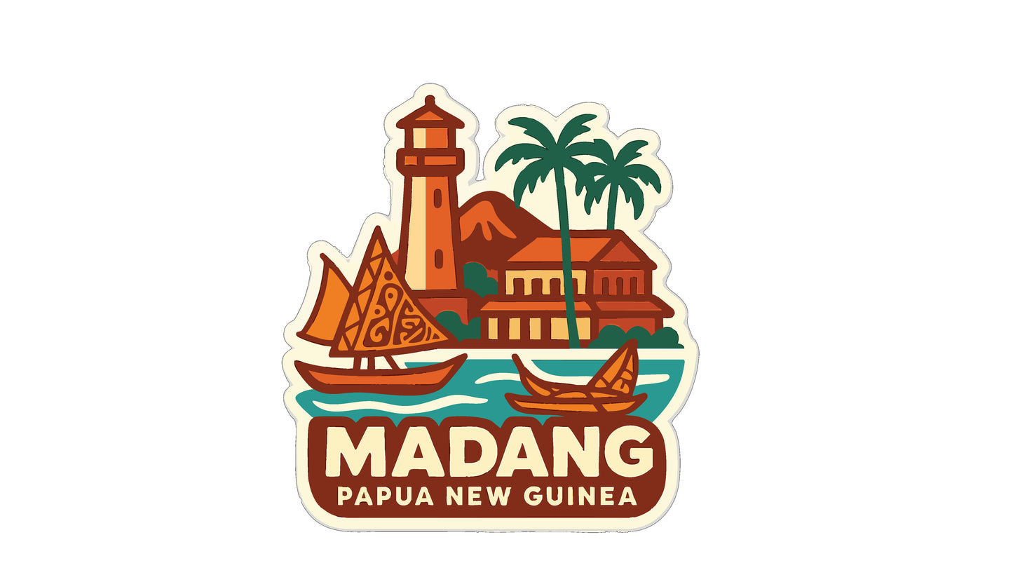 a sticker or emblem with various elements representing the country of Papua New Guinea, including a lighthouse, palm trees, boats, and buildings.