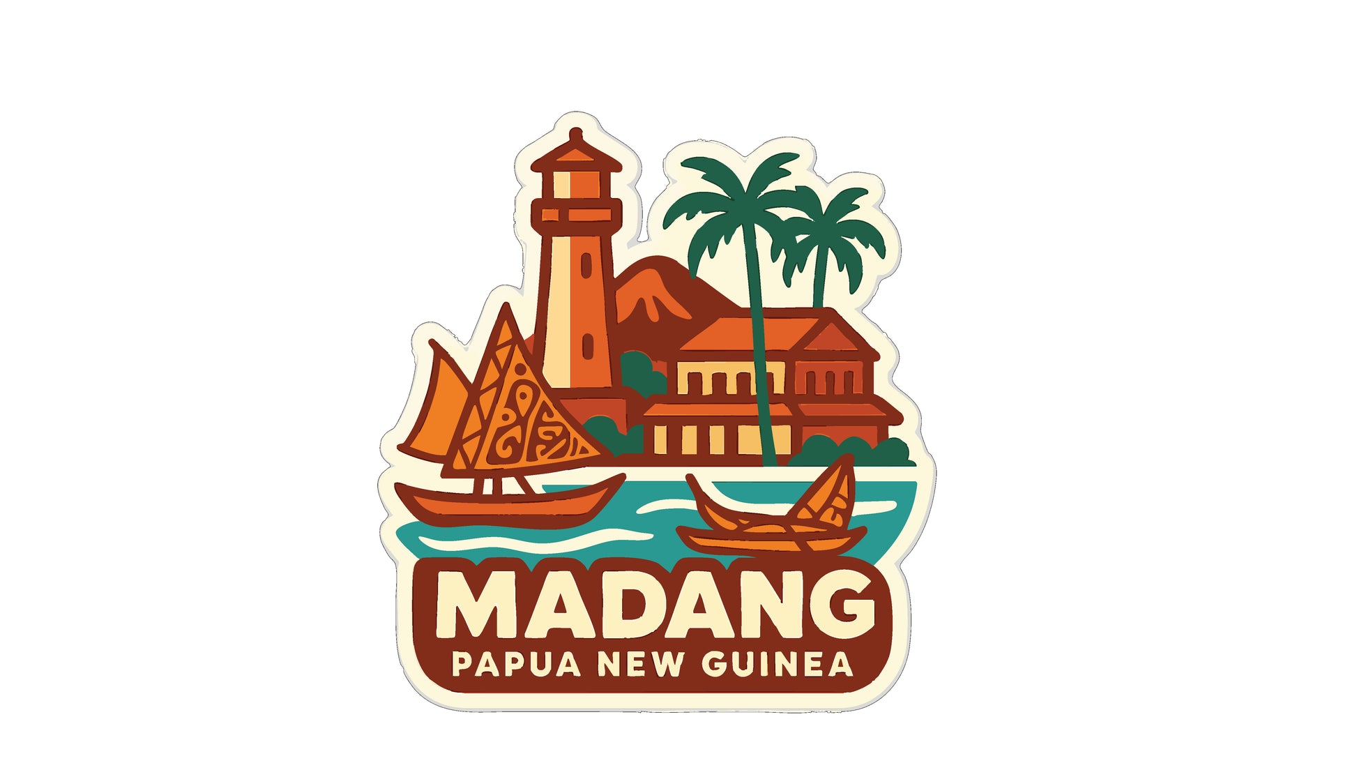 a sticker or emblem with various elements representing the country of Papua New Guinea, including a lighthouse, palm trees, boats, and buildings.