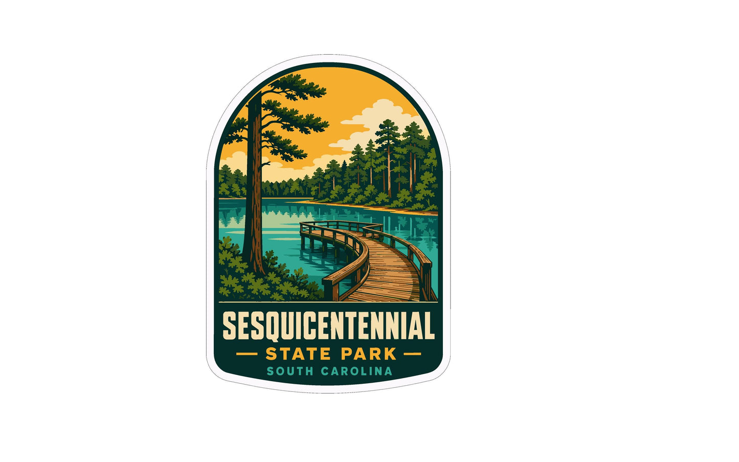 a sticker or emblem with a scenic landscape depicting a wooden bridge over a river, surrounded by trees and a cloudy sky.