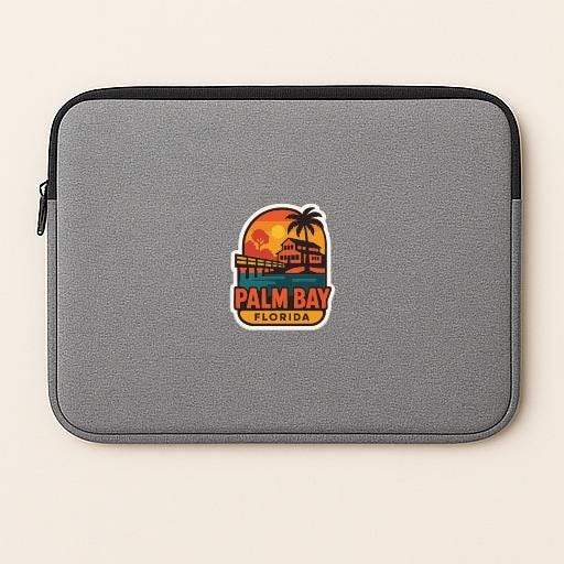A gray laptop sleeve with a palm tree and sunset graphic, featuring the text "Palm Bay, Florida" on it.