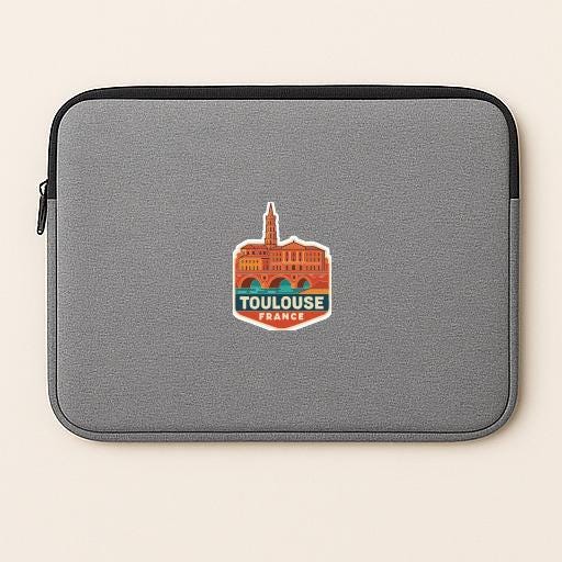 A gray laptop sleeve with a sticker of the Toulouse, France, printed on it.
