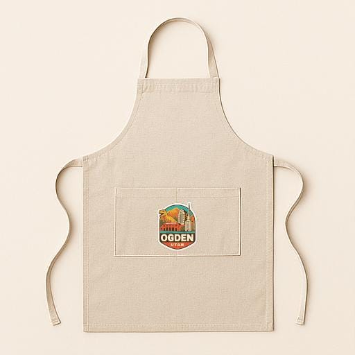 A beige apricot with a logo on the front pocket.