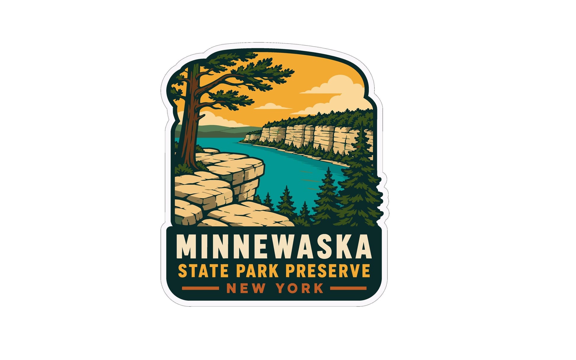 A sticker depicting a scenic landscape with a cliff overlooking a lake, surrounded by pine trees and mountains.
