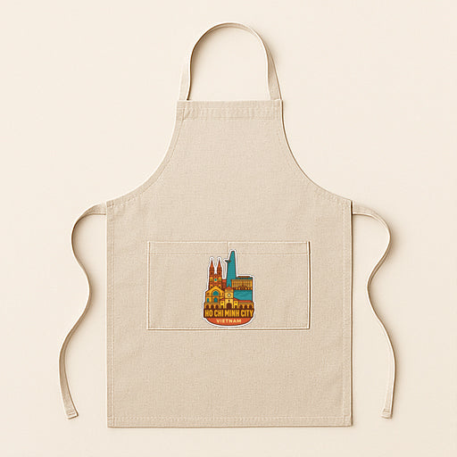 A beige apricot with a colorful graphic of a city skyline on the front pocket.