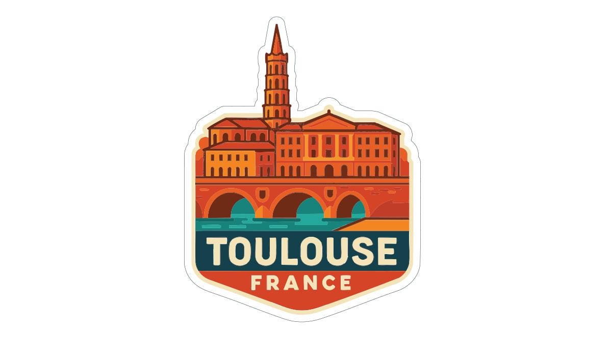 A sticker depicting the Toulouse, France, with a tower and a bridge in the background.